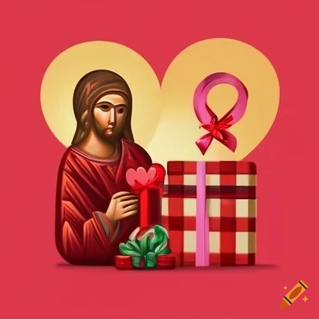 Saint valentine icon surrounded by hearts and gifts on Craiyon