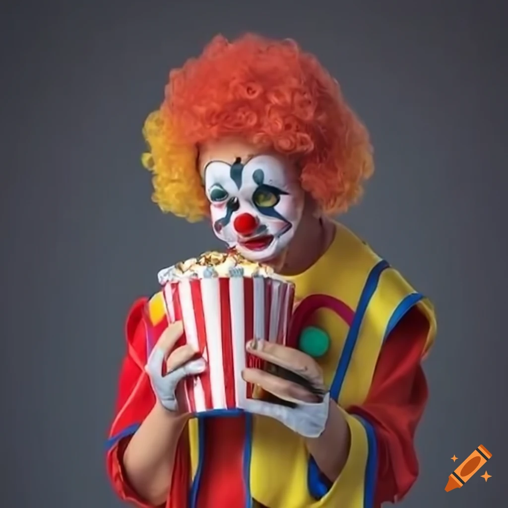 Clown reaching into popcorn bucket