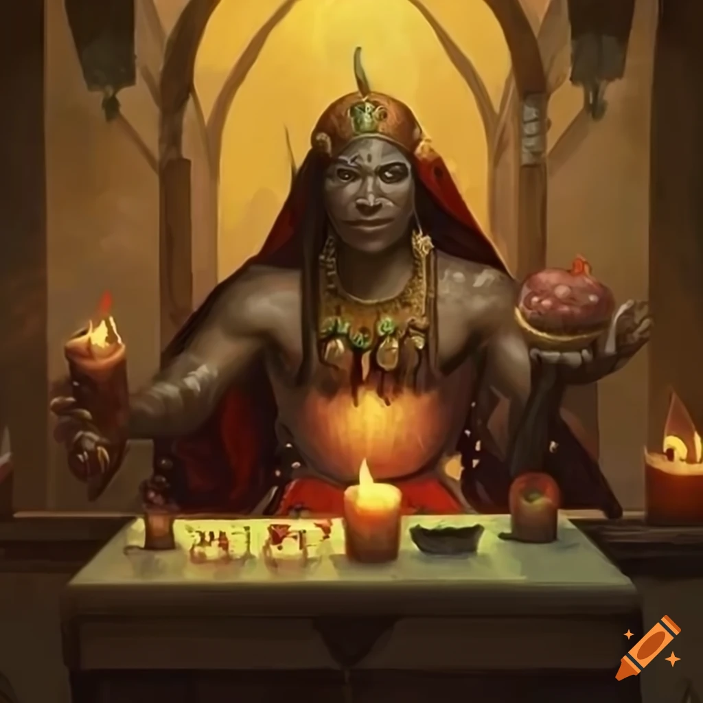 Nubian shaman in a ceremonial room with candles and fruit basket in Magic the Gathering art style