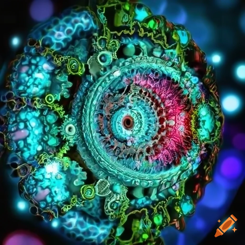 Psychedelic anime girl with fractal machine cog in red, blue, gold, and green