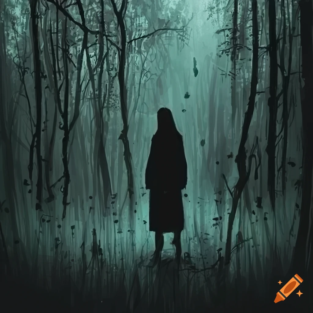 Silhouette standing in the woods on a rainy night