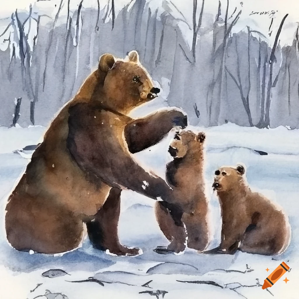 Mother bear and 3 cubs in snowy landscape, watercolor painting on Craiyon