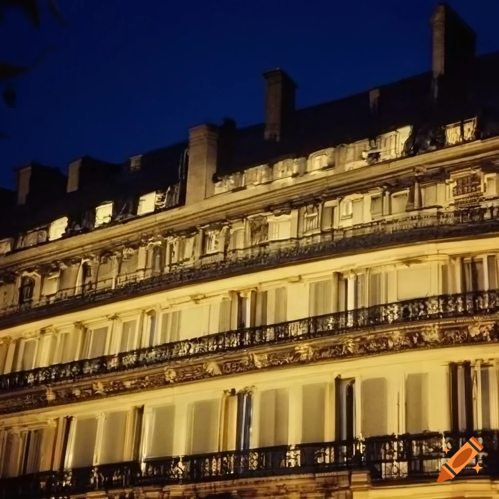 Elegant mansions of Paris at night in 1970