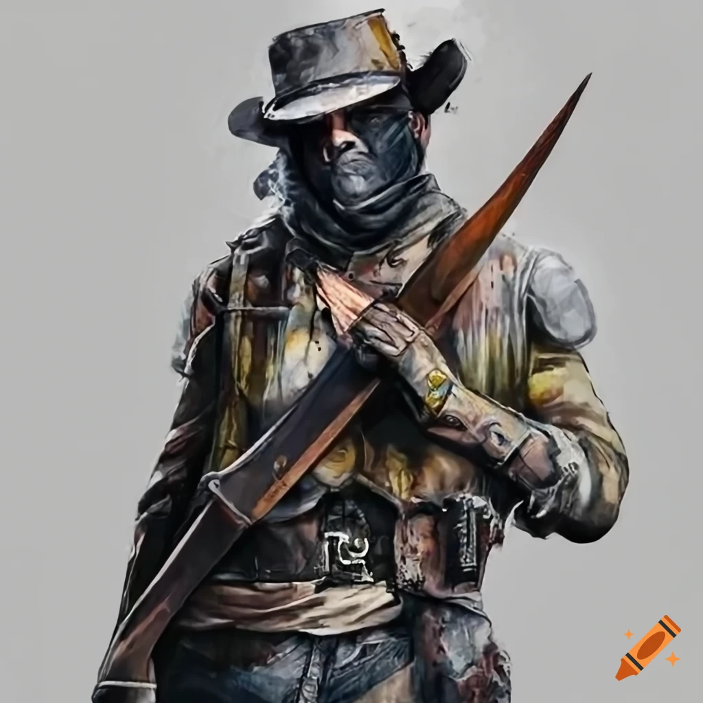 Wasteland survivor with cowboy hat, tactical goggles, balaclava, and sword