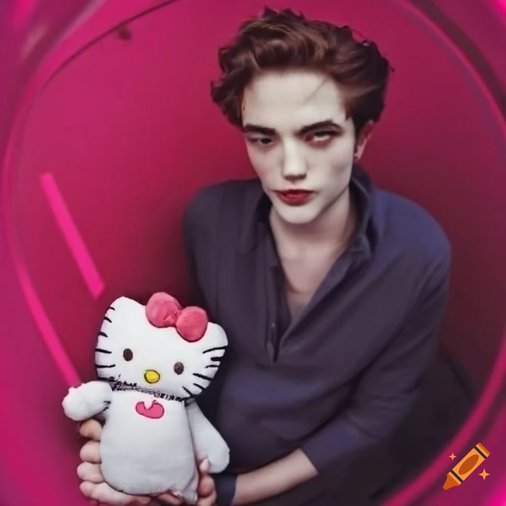 Person holding a hello kitty plushie with pink hearts in the background