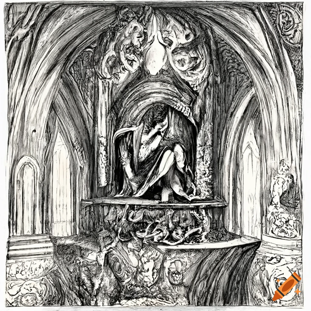 Male sorcerer shrouded in mysterious fog within secret lair with arcane artifacts in gothic fairytale artwork