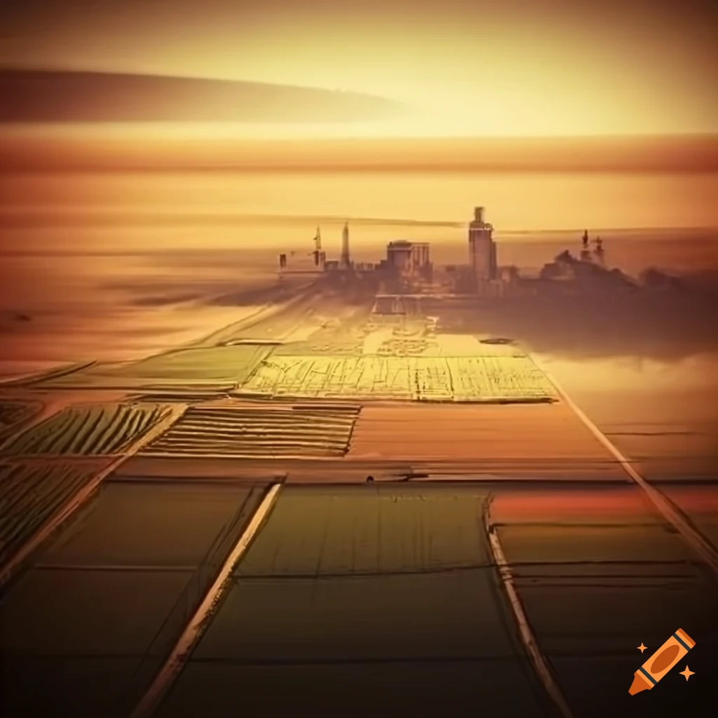Aerial view of dieselpunk fields landscape