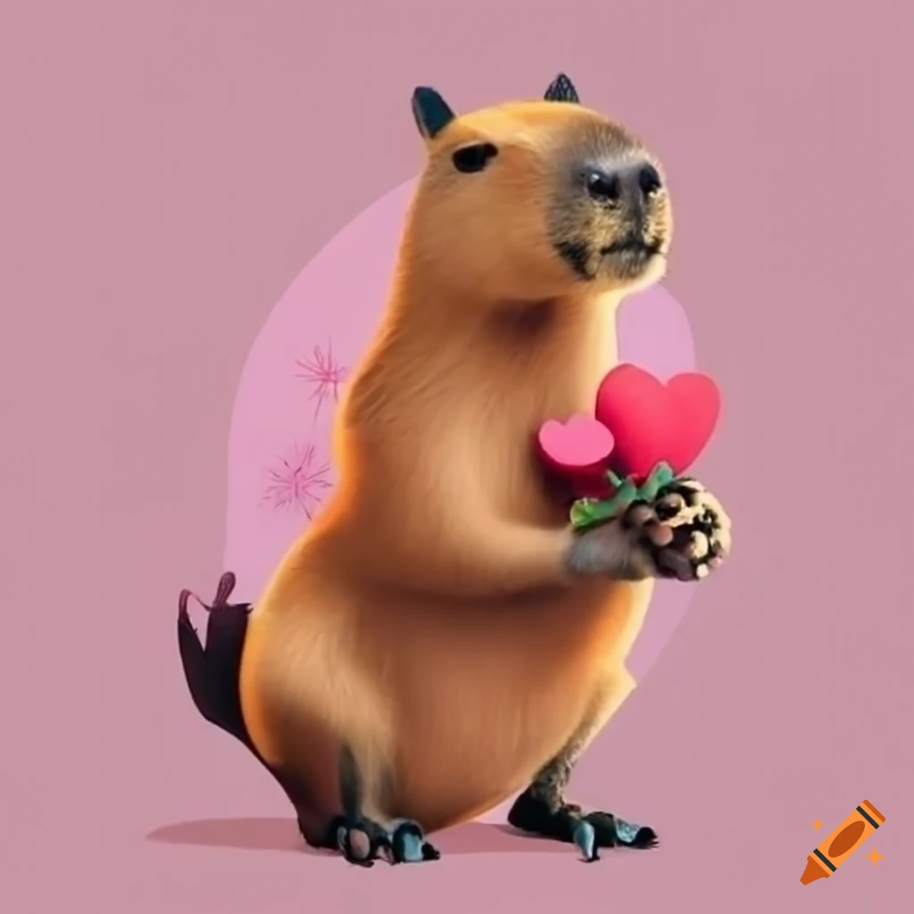 Cute capybara with a bouquet of flowers celebrating Valentine's Day