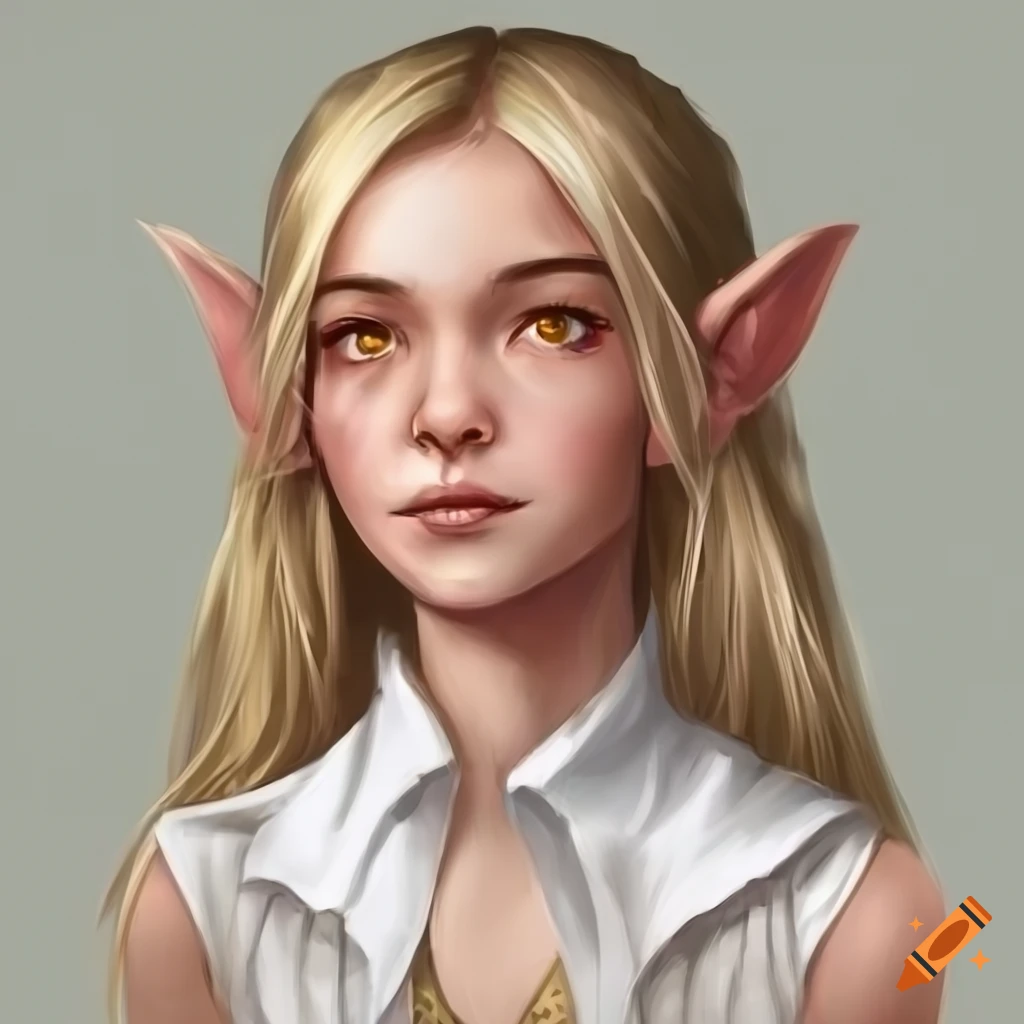 Smiling elven girl with blonde hair, hazel eyes, and rounded ears in a ...