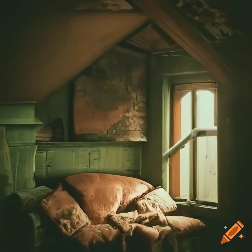 Detailed abandoned foggy attic with fireplace and ocean view
