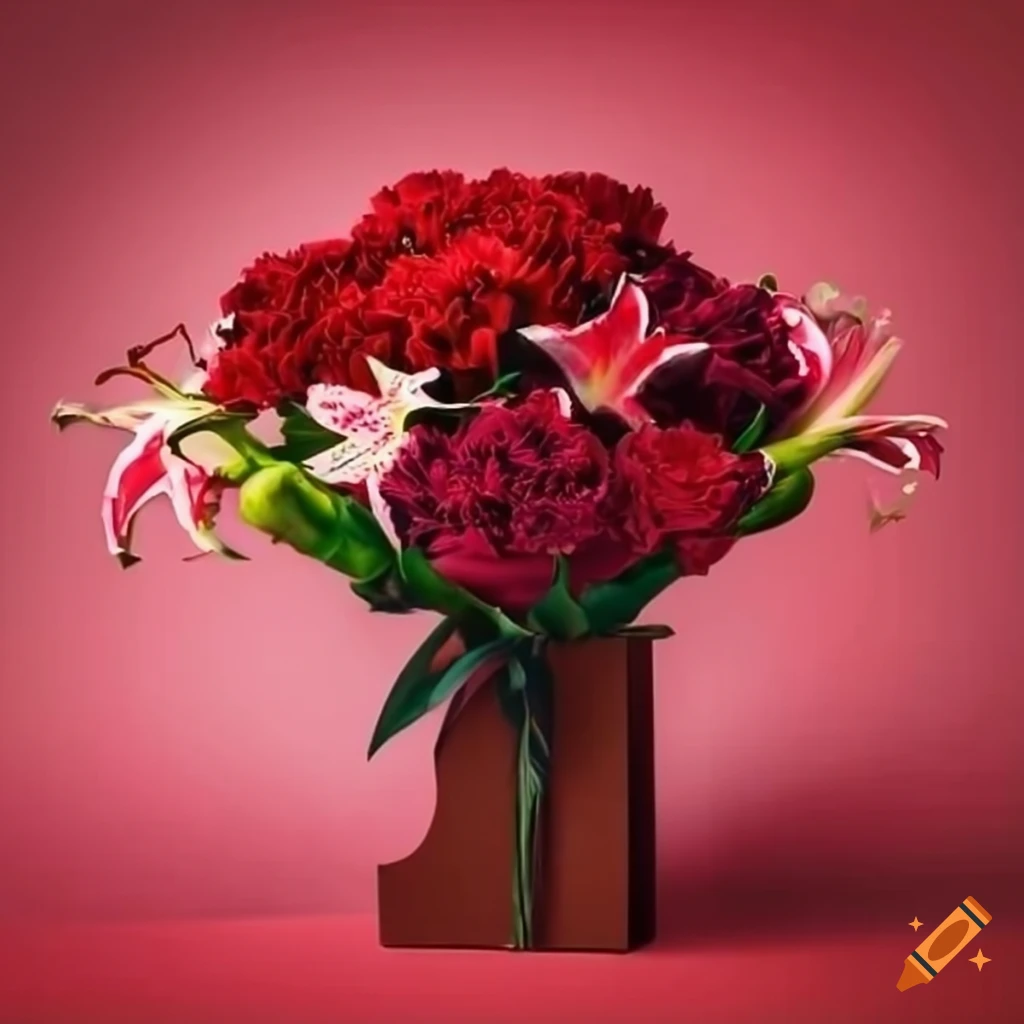 Bouquet of red carnations and stargazer lilies with heart-shaped box of chocolates