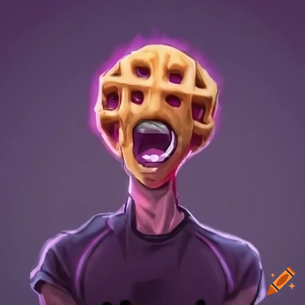 Person with waffle head wearing a gaming headset and screaming into a microphone
