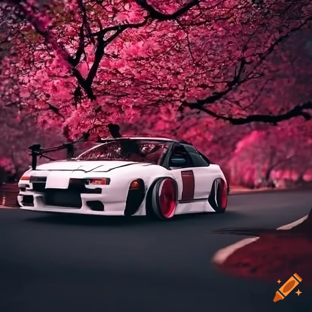 Vibrant Nissan 180sx drifting down road with cherry blossom trees