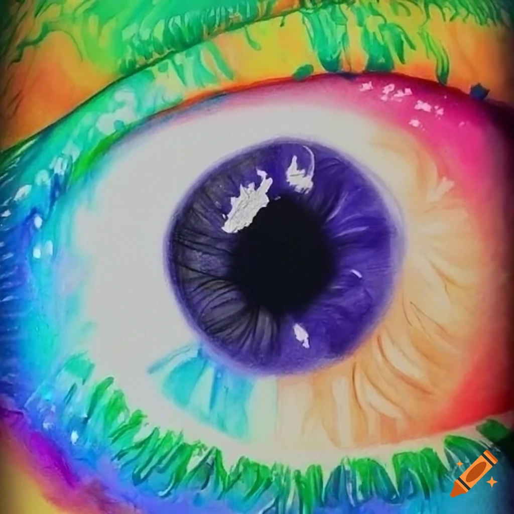 Closeup of rainbow eyeball in pencil crayon drawing on Craiyon