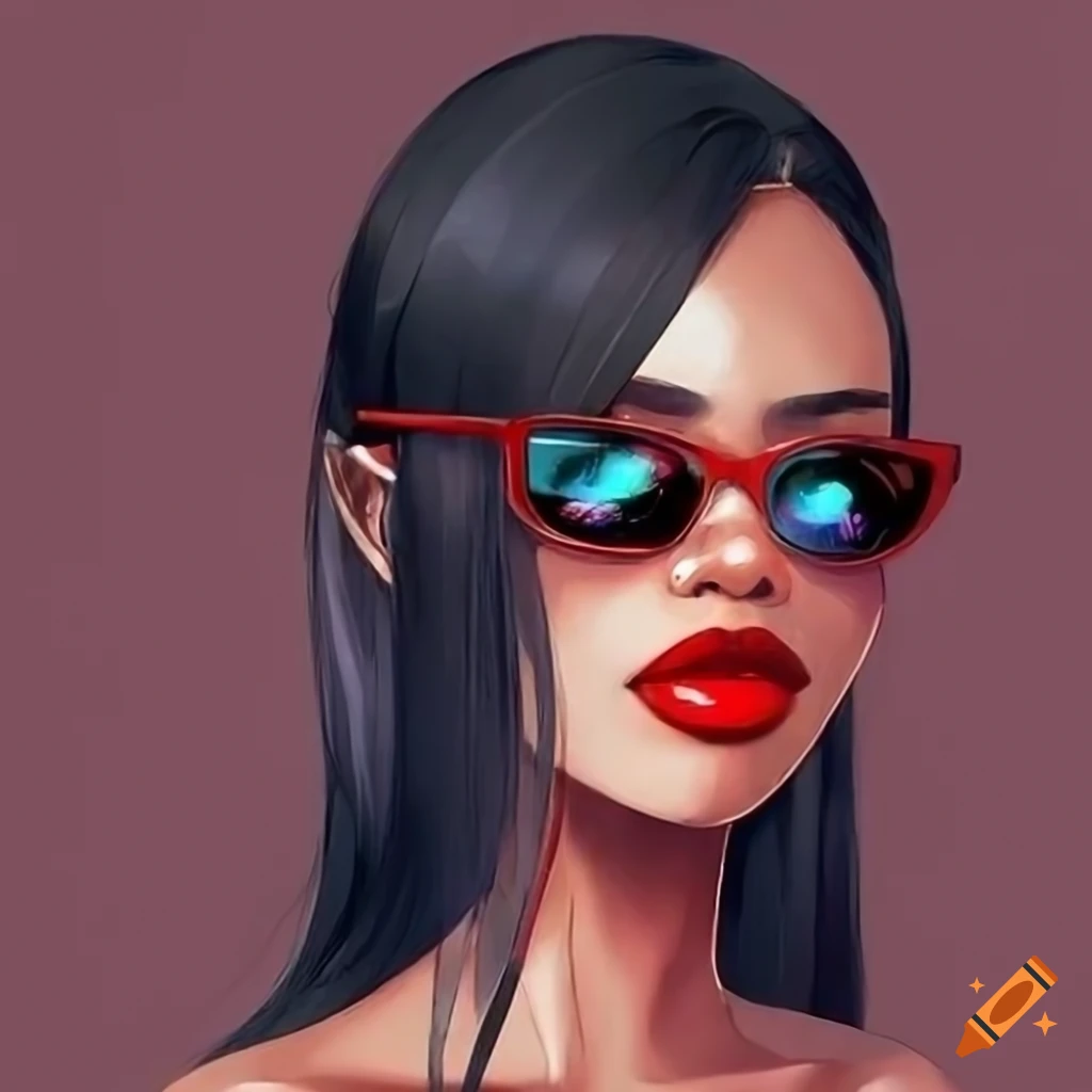 Stylish black woman with sunglasses and red lipstick in glamorous