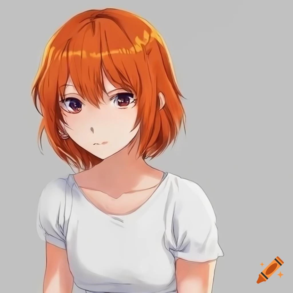 Anime girl with short orange hair wearing a white t-shirt