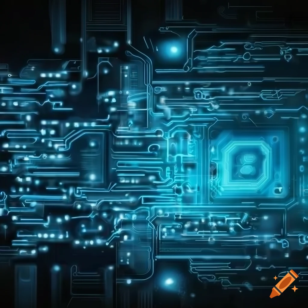 Dark background with blue numbers and integrated circuits on Craiyon