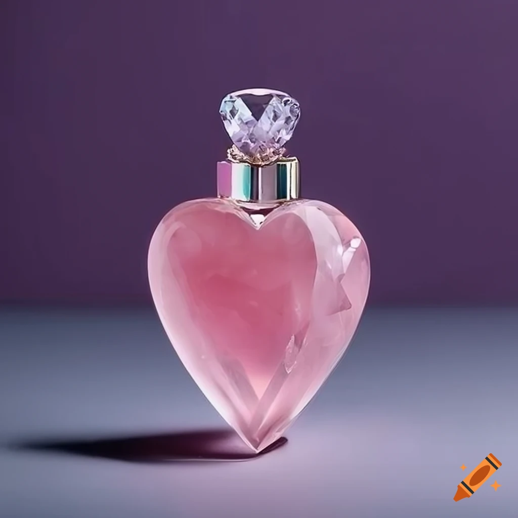 Crystal bottle with a heart-shaped design held by arodita, elegant and rose quartz