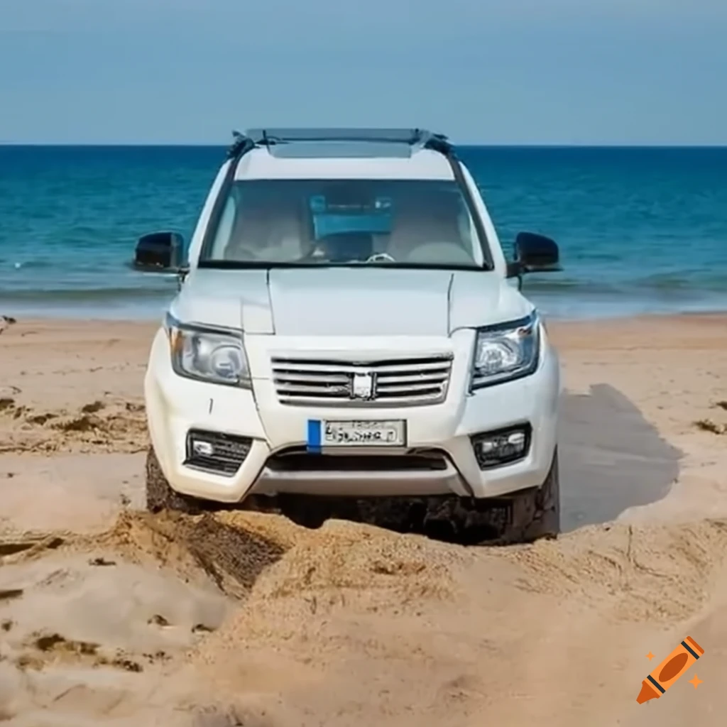 White SUV on the sea shore with water on one side and sand on the other