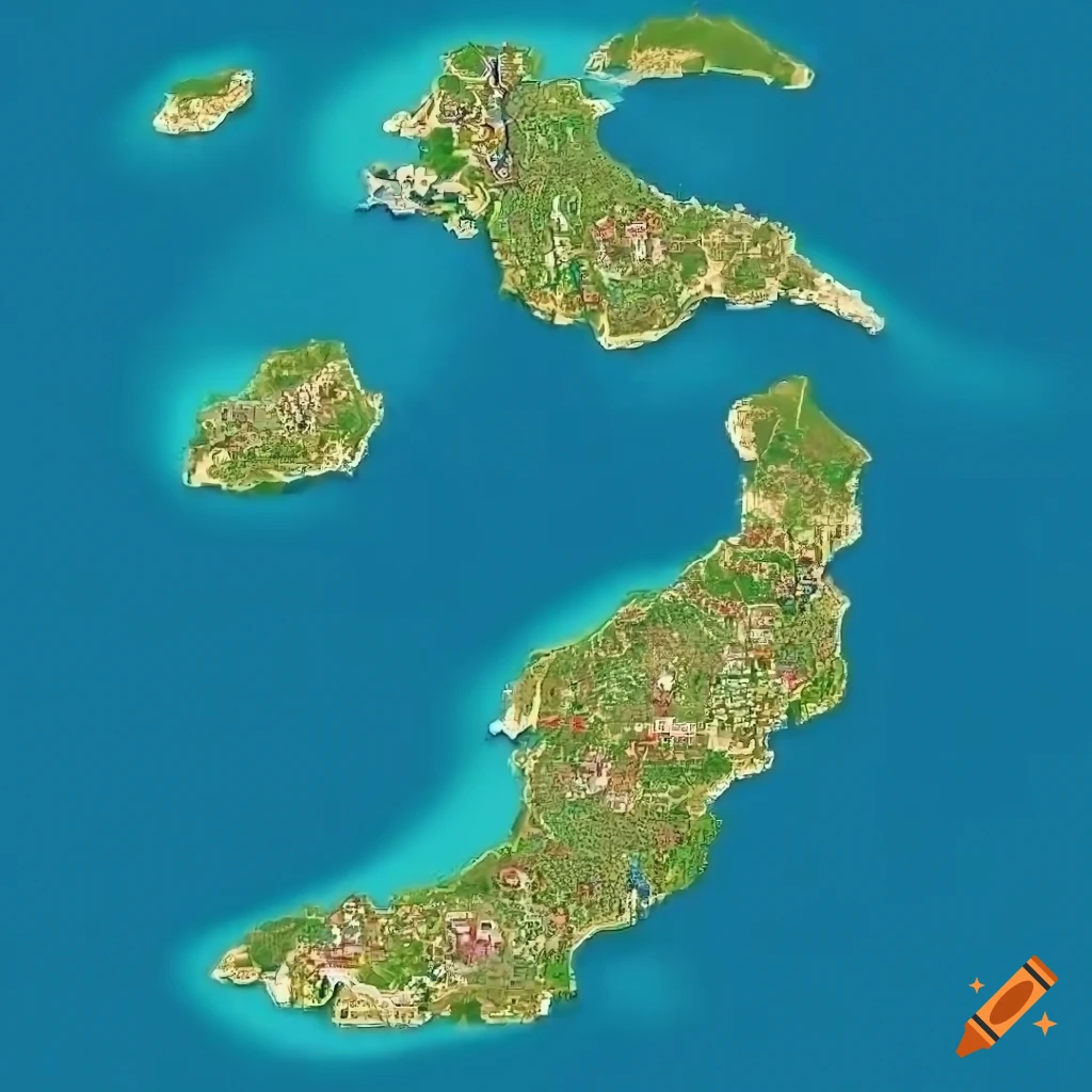2D map of a large island with 8 districts and their capital cities