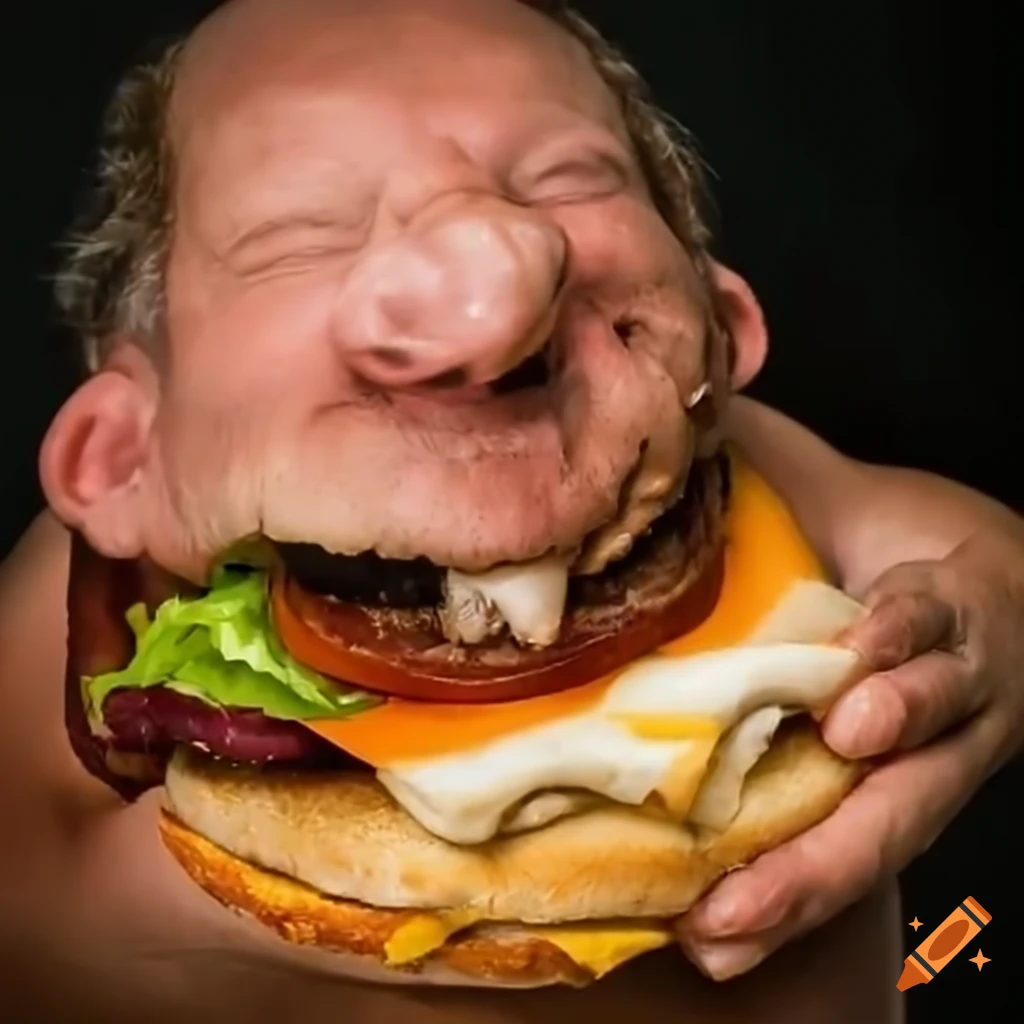 Bearded man enjoying a towering burger
