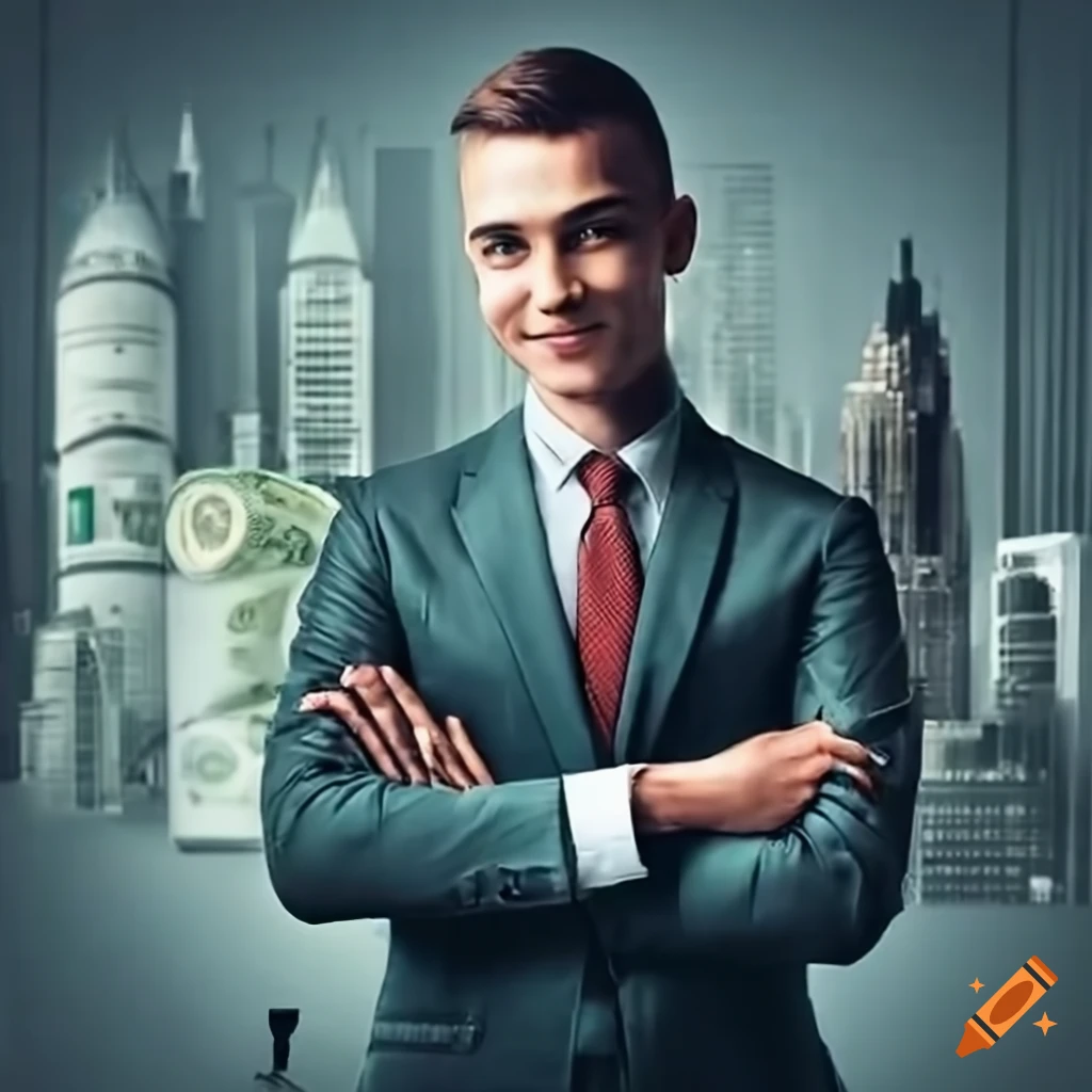 Happy investment banker surrounded by money in a new york office on Craiyon