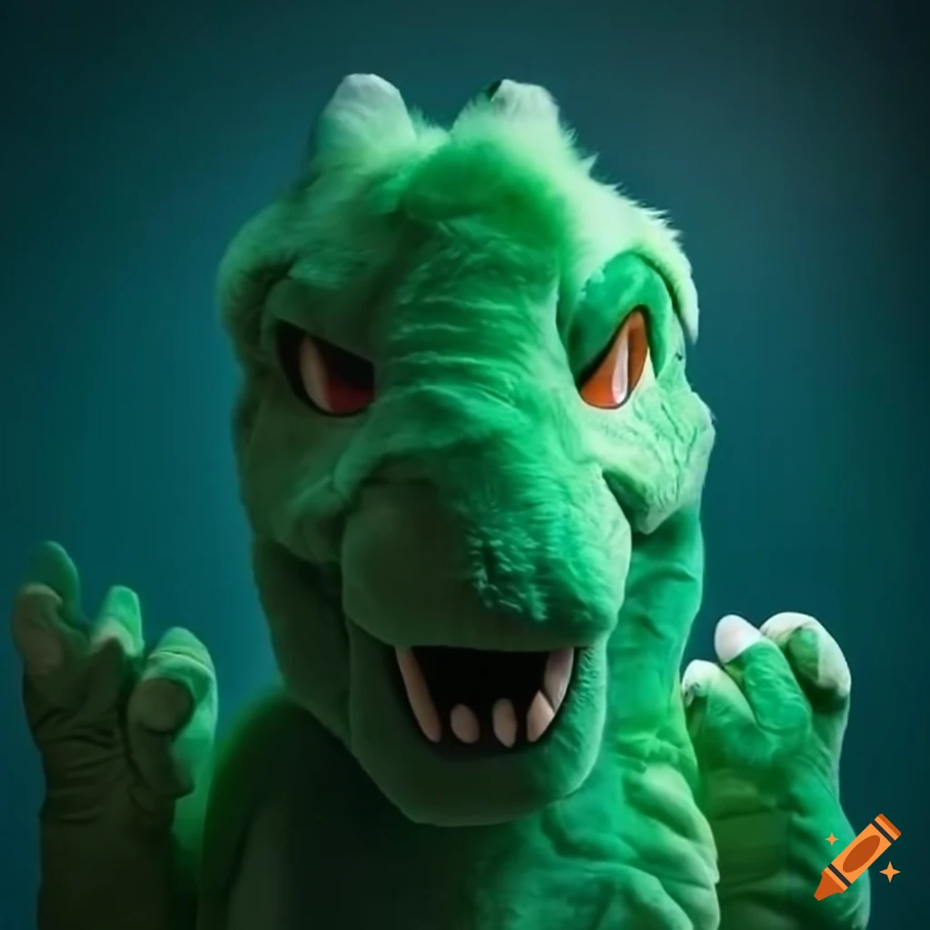 Close up detail of 3 nurses in full body green T-rex fursuit mascot costumes