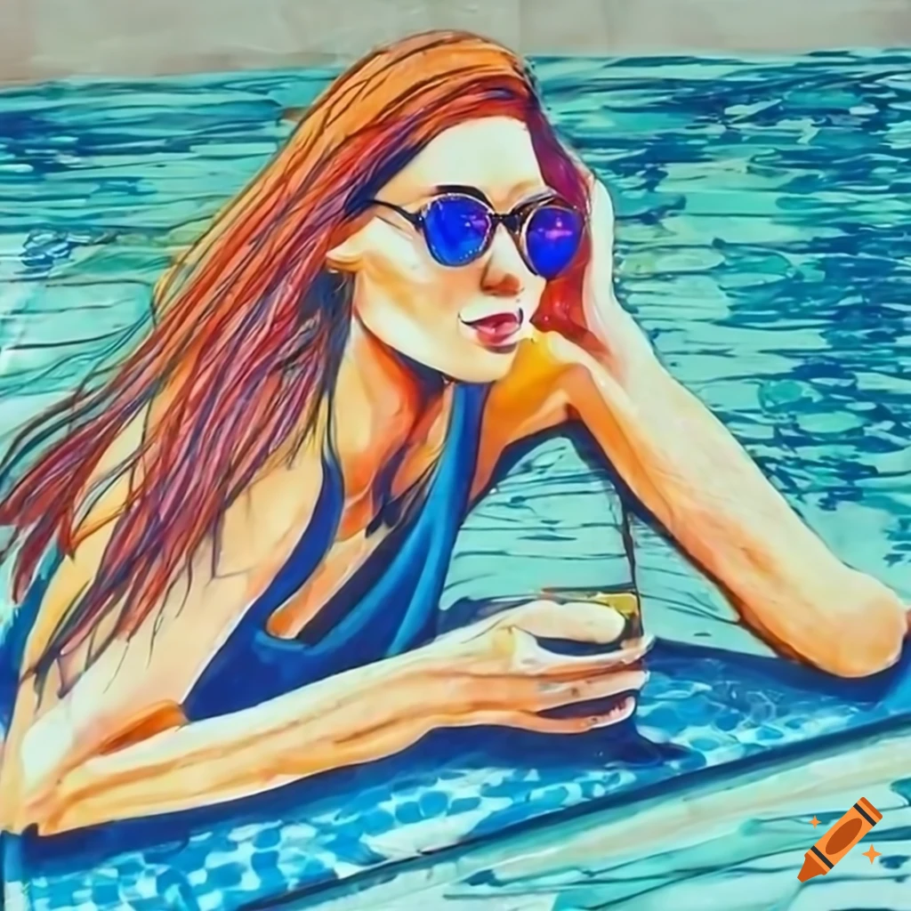 Brunette swimmer resting on blue towel by the pool