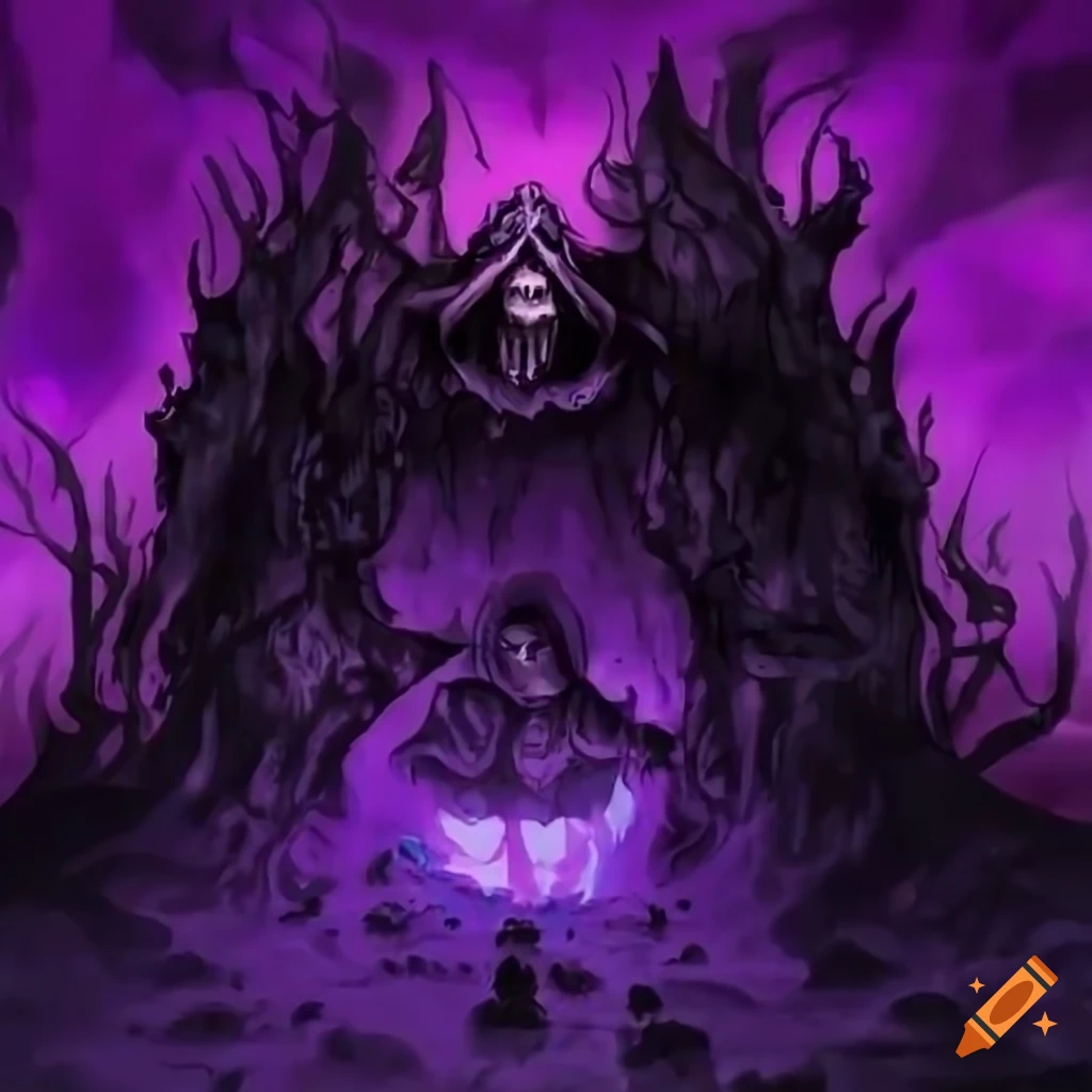 Death wizard with purple eyes in a gothic magical void