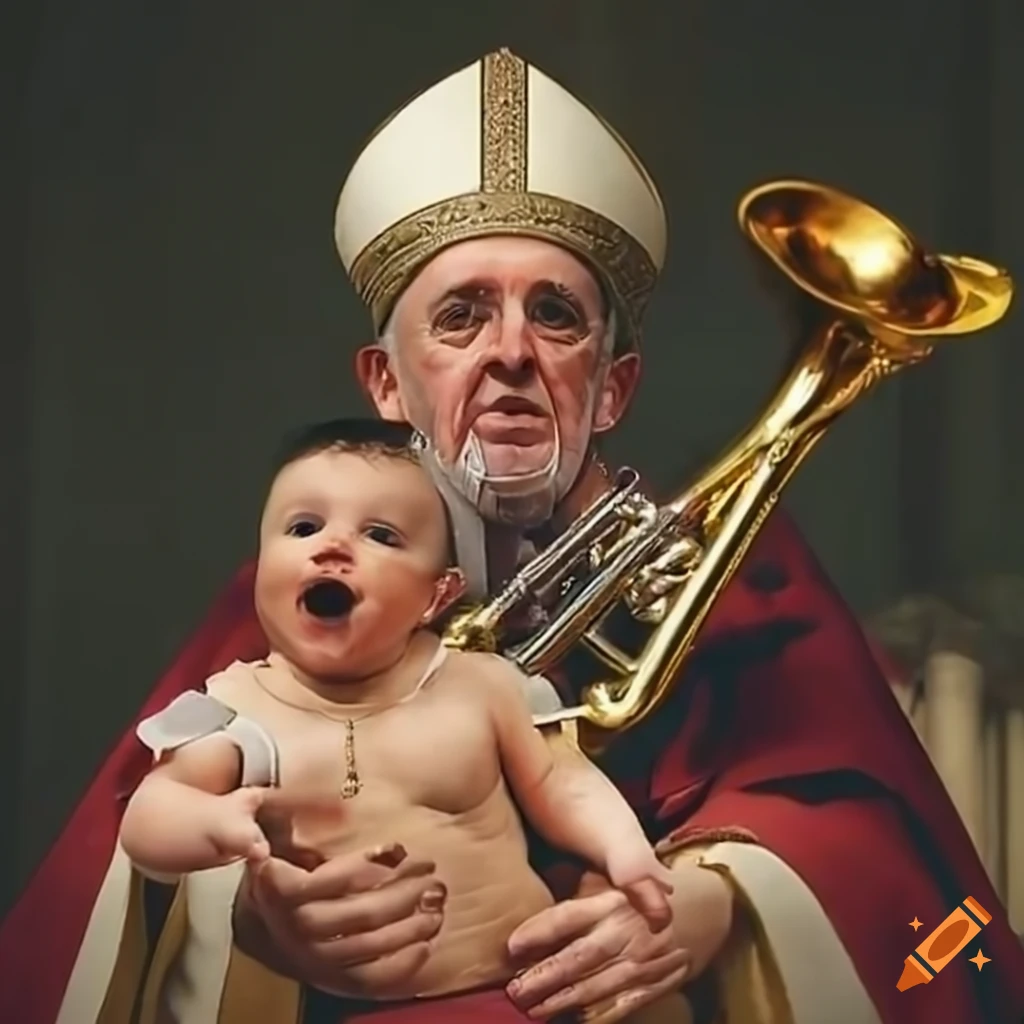 Ceremonial infant baptism with the presence of the pope and a trumpet