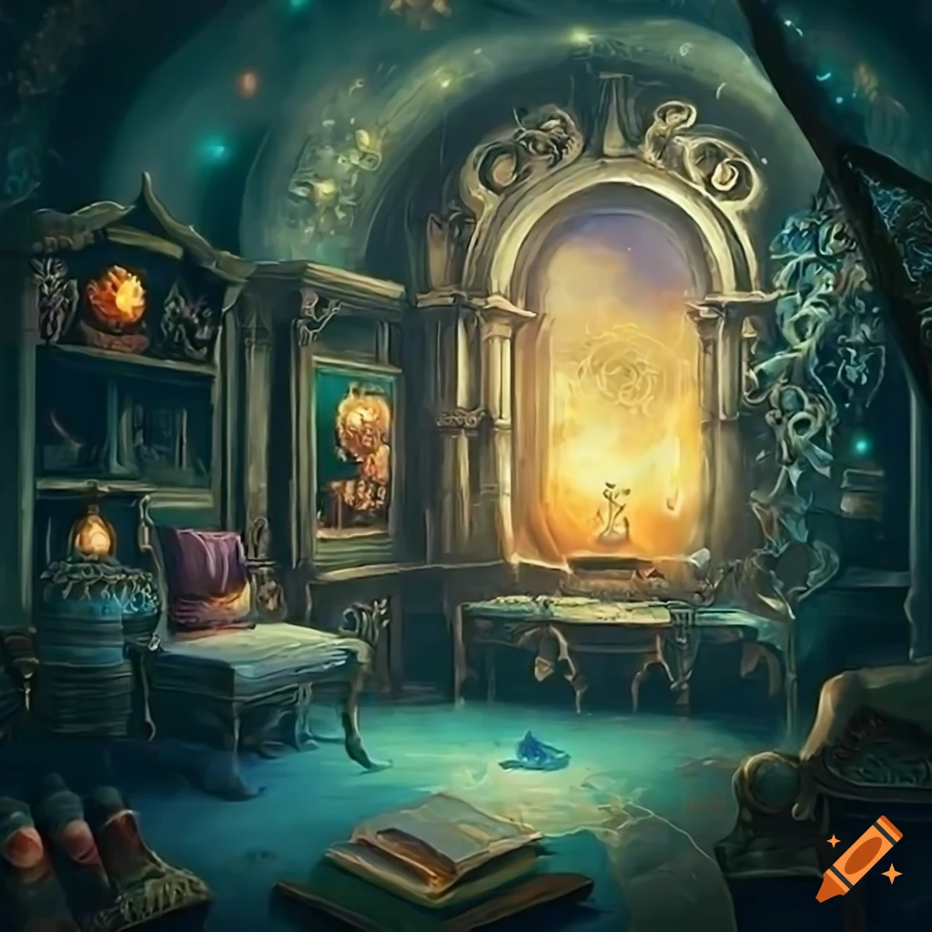 Enchanted study room brimming with magical items, books, and alchemical ...