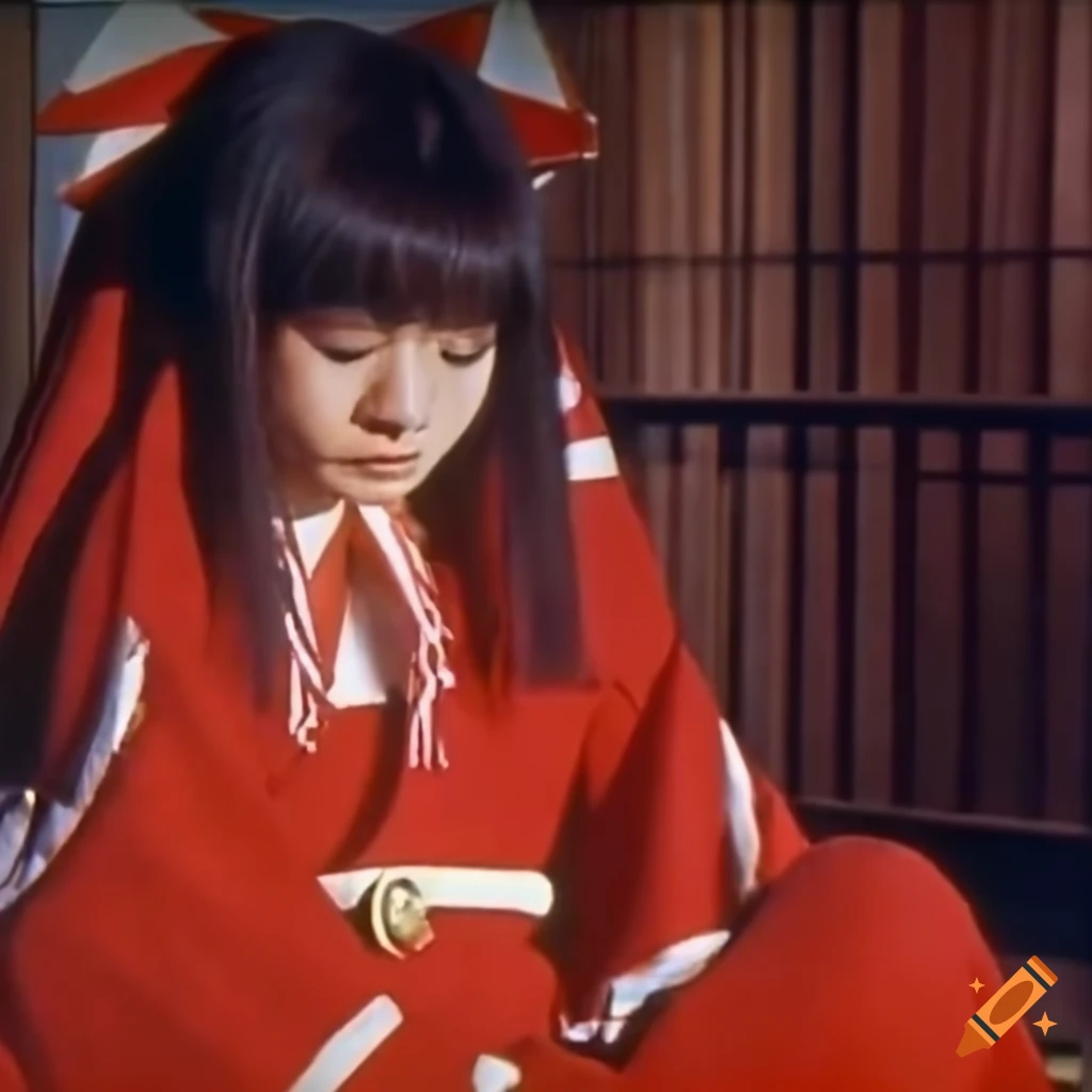 Vintage screenshot of reimu hakurei in red tracksuit in a 1971 james