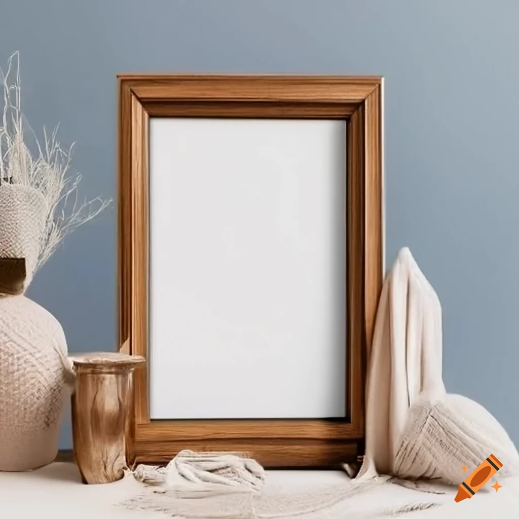 Realistic boho frame mockup on a table with blue touches
