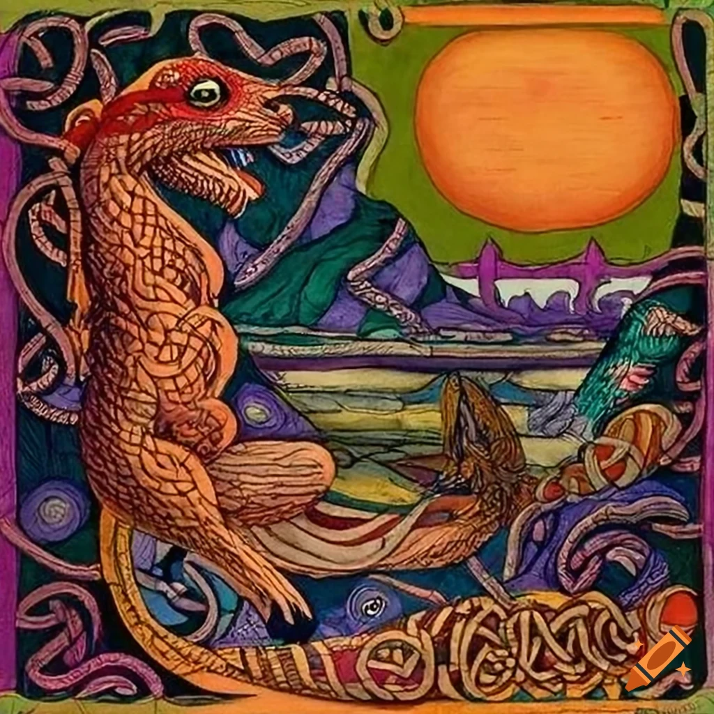 Colorful pen and ink landscape with mythical creatures and spirit animals in a fusion of cultural designs
