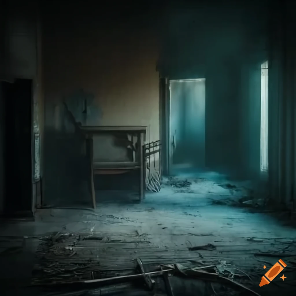 Abandoned foggy room in a blade runner style setting