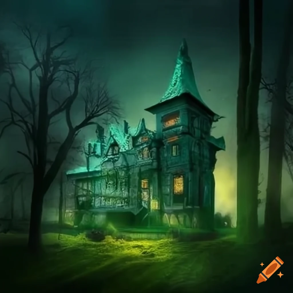 Moss green haunted mansion with lights in windows on Craiyon