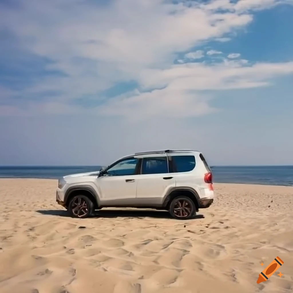White SUV parked on the seashore from a low angle