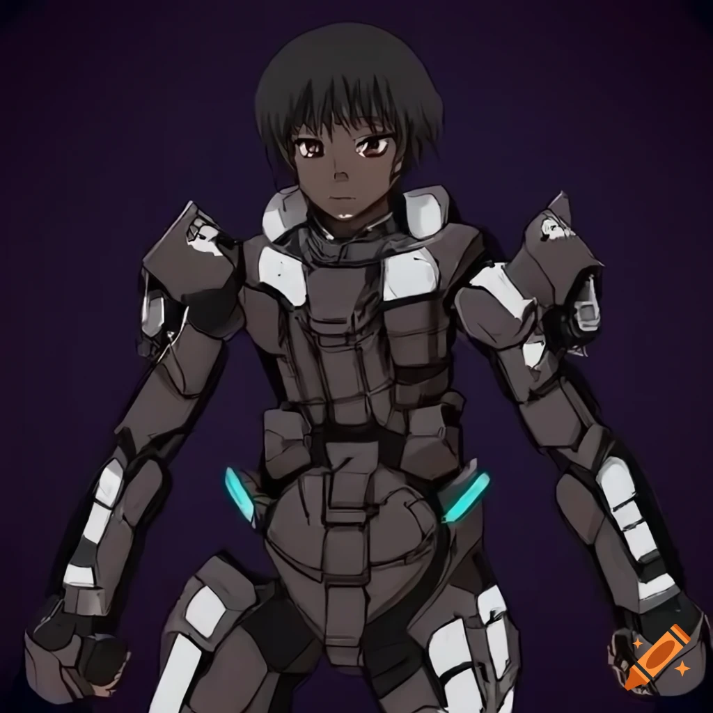 Anime boy with black hair and brown eyes in a black mecha suit