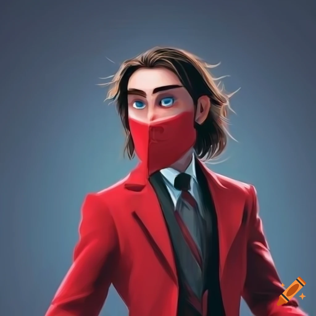 Man in black and red suit with long hair and mask in Pixar style