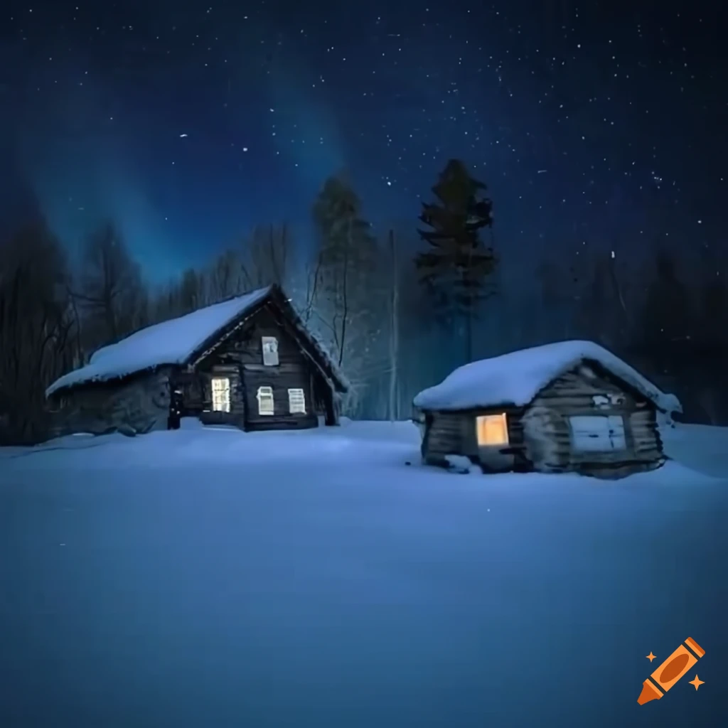 Winter cabin in haunted snow-covered woods under northern lights