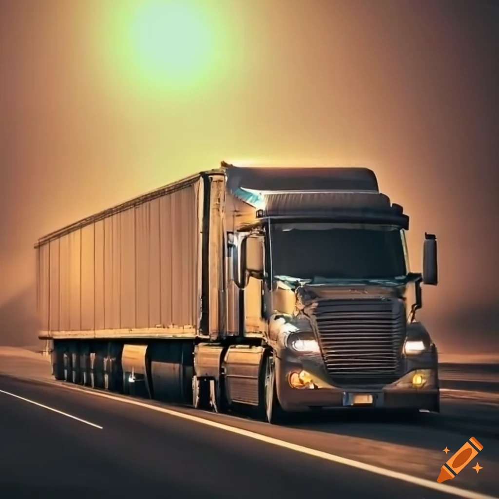 Massive semitrailer truck roaring down the highway