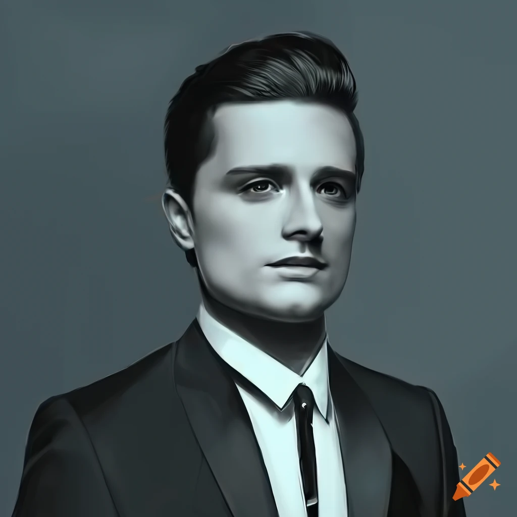 Portrait of Josh Hutcherson in a serious grayscale tuxedo