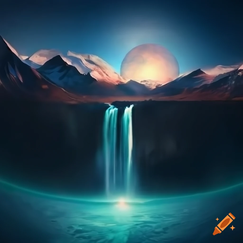 Inhabitable planet with mountains, waterfalls, and neon city skylines