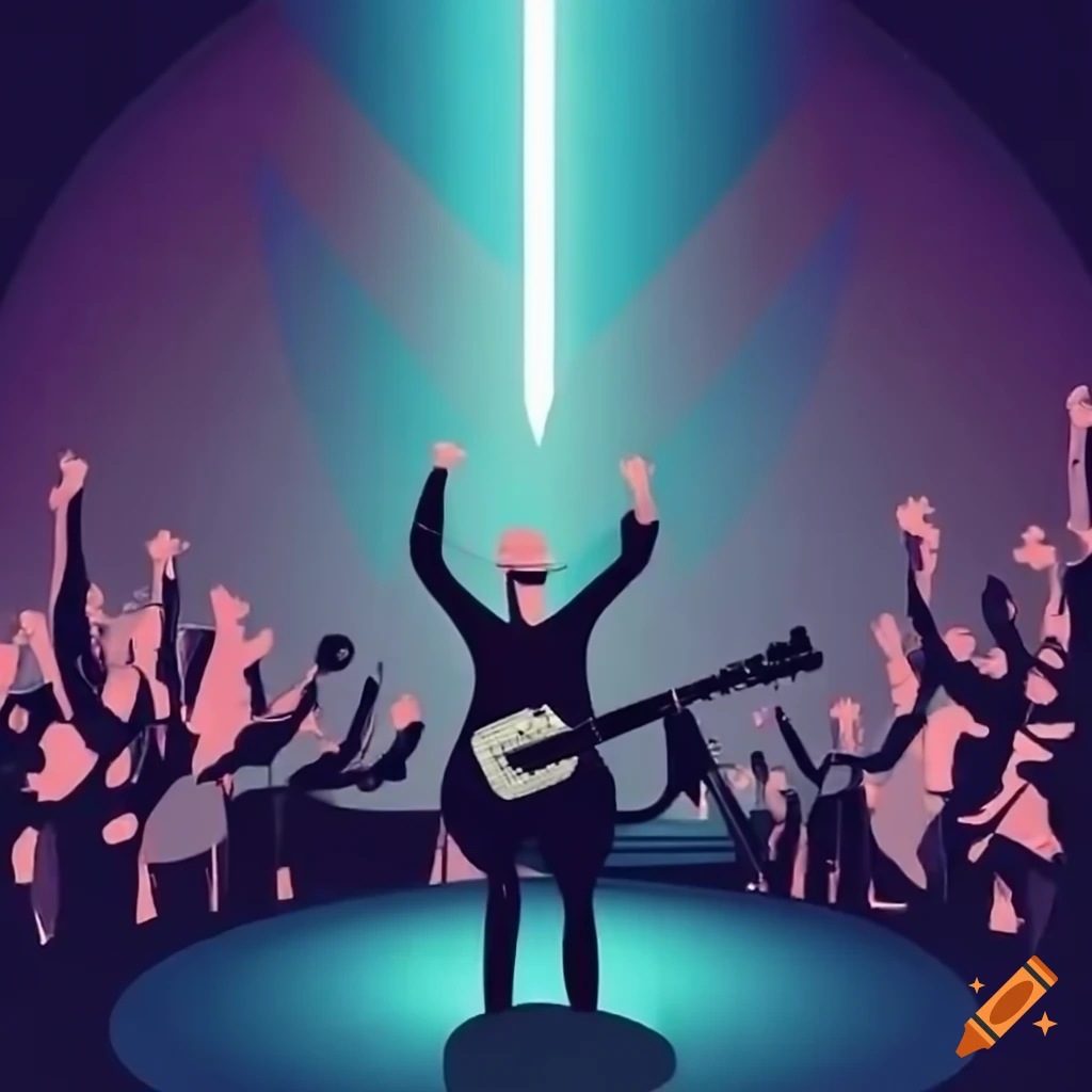 Singer with guitar performing with cheering crowd in the background