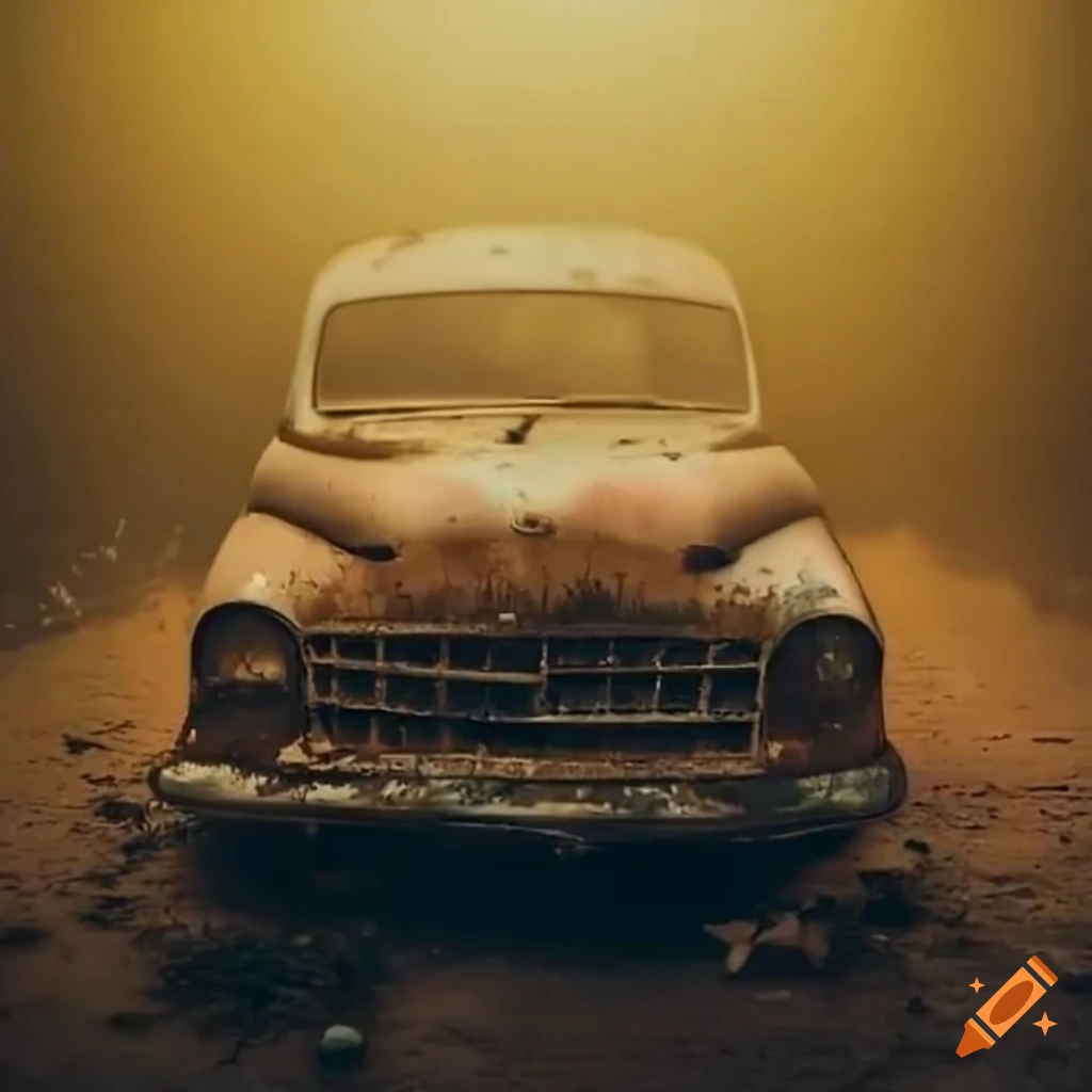 Abandoned car surrounded by gold fog in an empty room on Craiyon