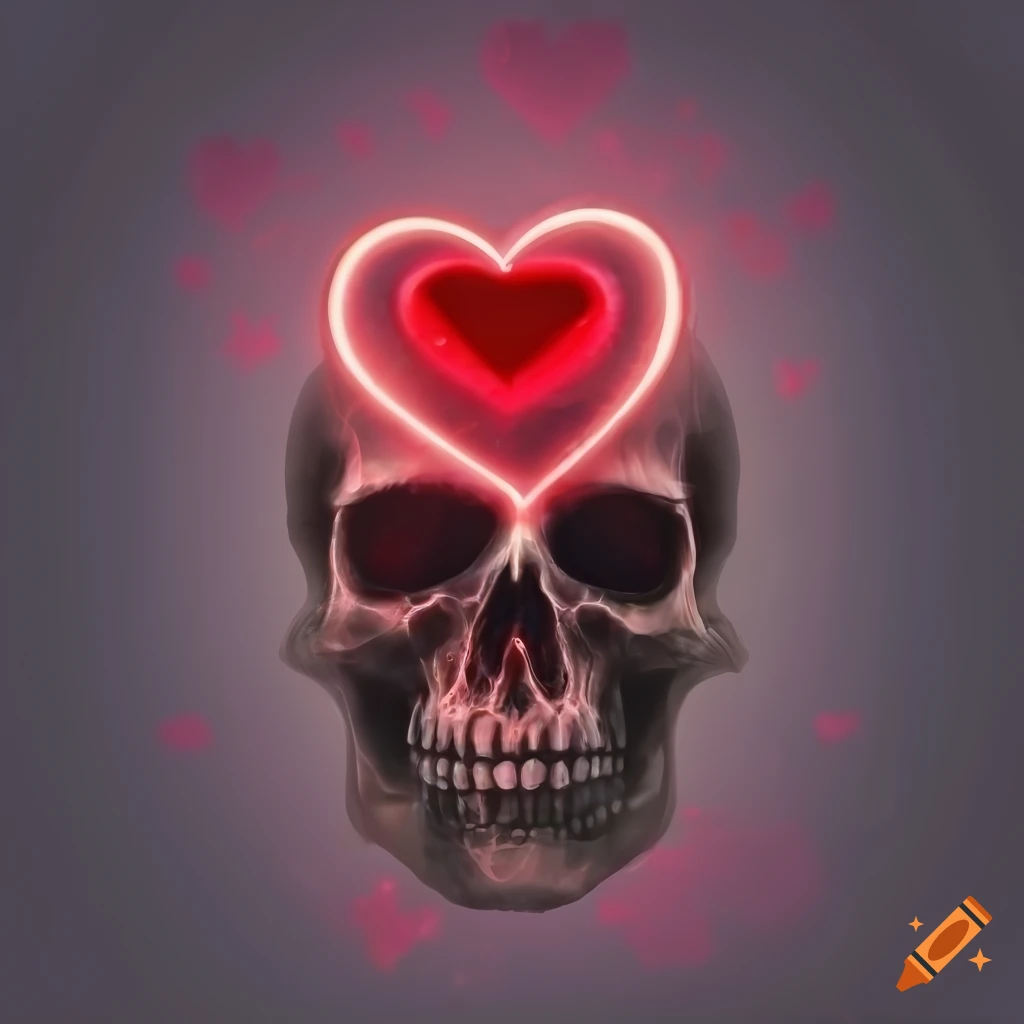Iconic skull with glowing red heart-shaped eye socket in a dark setting