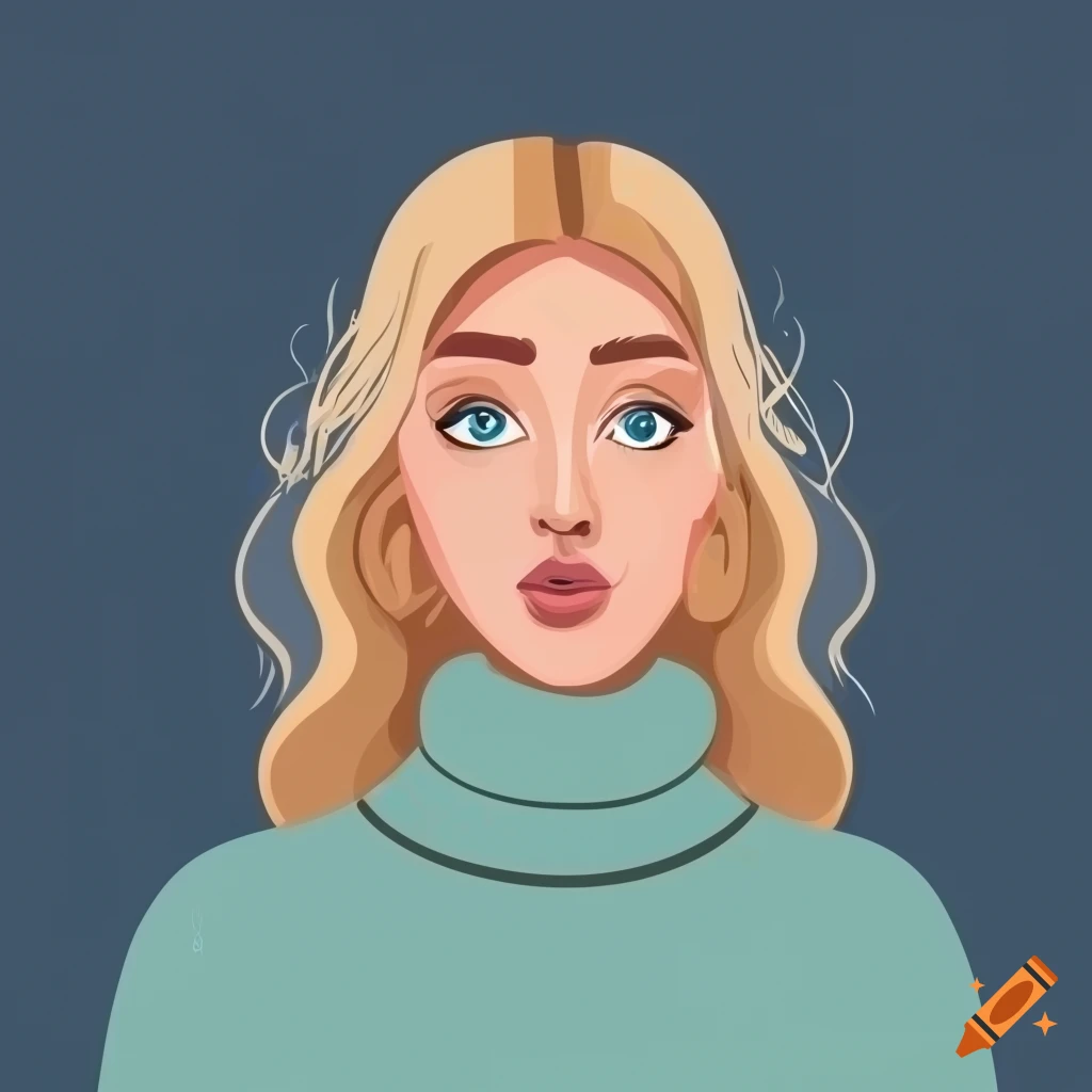 Young woman in cozy turtleneck sweater with blue eyes in flat vector ...