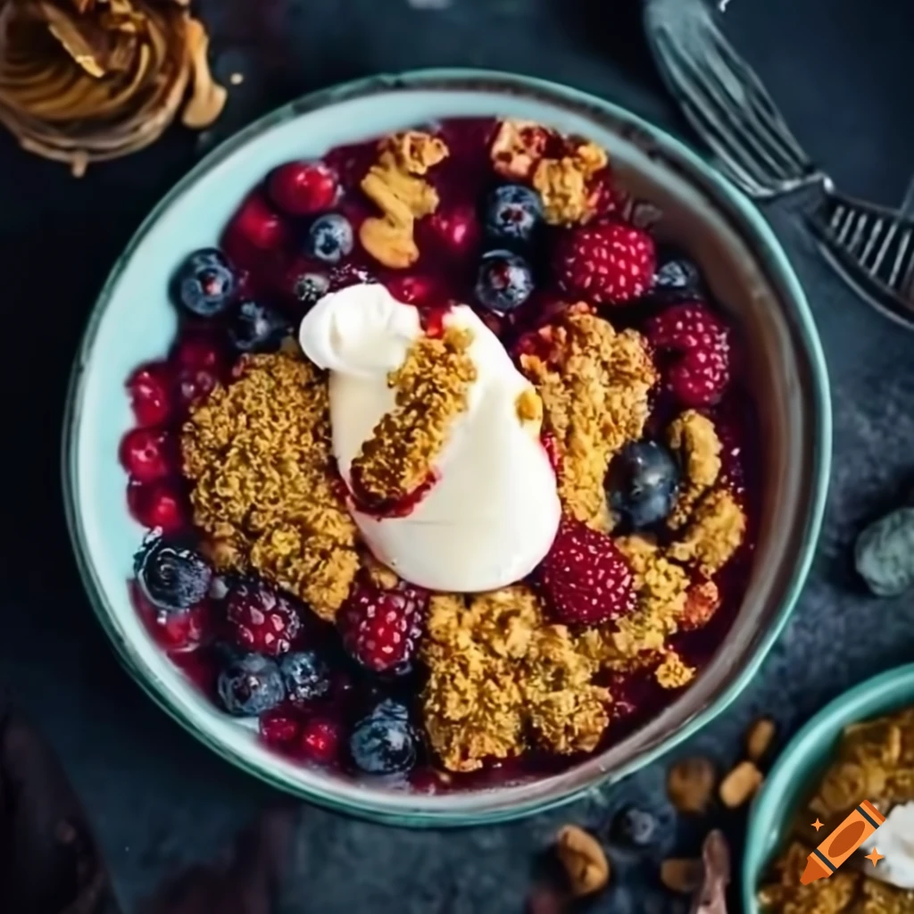 Forest berries topped with golden oat crumble and a dollop of vanilla whipped cream, and forest honey panna cotta with seasonal fruit