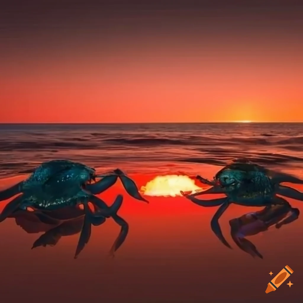Beach with massive crabs on an island under a red sun