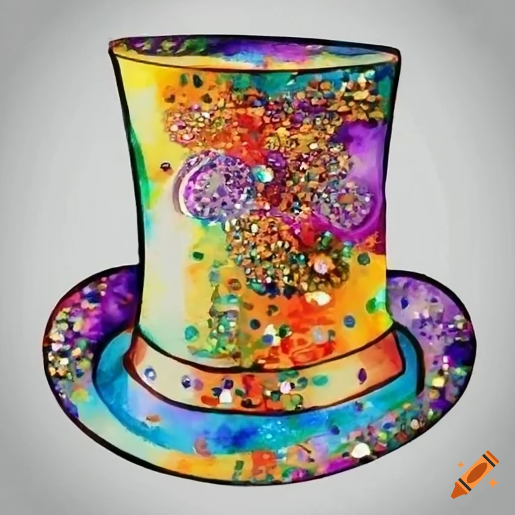 Poetic watercolor of top hat in whimsical Klimt style with glitter and rhinestones